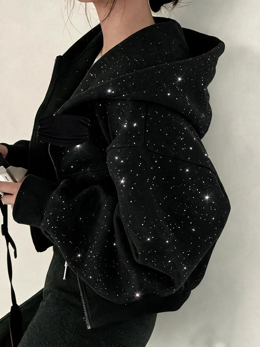 SHEIN 青少年女孩黑色水鑽亮片前拉鍊落肩寬鬆休閒連帽衛衣外套,抓絨內裡保暖,返校季 Y2K 瑜伽運動服,時尚慵懶隨性,校園秋季穿搭,萬聖節聖誕節適用 - 黑色 - 查看 1