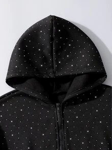 SHEIN 青少年女孩黑色水鑽亮片前拉鍊落肩寬鬆休閒連帽衛衣外套，抓絨內裡保暖，返校季 Y2K 瑜伽運動服，時尚慵懶隨性，校園秋季穿搭，萬聖節聖誕節適用 - 黑色 - 查看 4