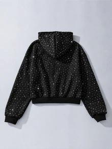 SHEIN 青少年女孩黑色水鑽亮片前拉鍊落肩寬鬆休閒連帽衛衣外套，抓絨內裡保暖，返校季 Y2K 瑜伽運動服，時尚慵懶隨性，校園秋季穿搭，萬聖節聖誕節適用 - 黑色 - 查看 2