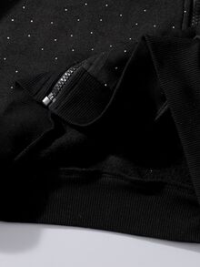 SHEIN 青少年女孩黑色水鑽亮片前拉鍊落肩寬鬆休閒連帽衛衣外套，抓絨內裡保暖，返校季 Y2K 瑜伽運動服，時尚慵懶隨性，校園秋季穿搭，萬聖節聖誕節適用 - 黑色 - 查看 8