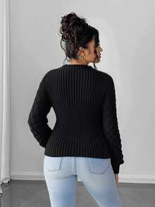 Elenzga Plus Size Plain Round Neck Long Sleeve Hollow Casual Sweater Pullover, For Winter Knit Pullover Fall - Black - View 8