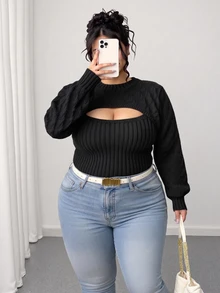 Elenzga Plus Size Plain Round Neck Long Sleeve Hollow Casual Sweater Pullover, For Winter Knit Pullover Fall - Black - View 6
