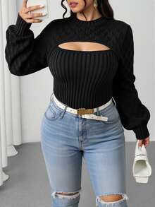Elenzga Plus Size Plain Round Neck Long Sleeve Hollow Casual Sweater Pullover, For Winter Knit Pullover Fall - Black - View 5