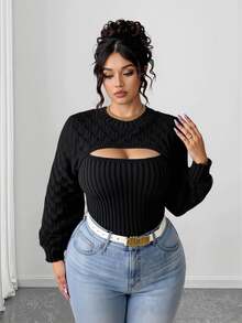 Elenzga Plus Size Plain Round Neck Long Sleeve Hollow Casual Sweater Pullover, For Winter Knit Pullover Fall - Black - View 1