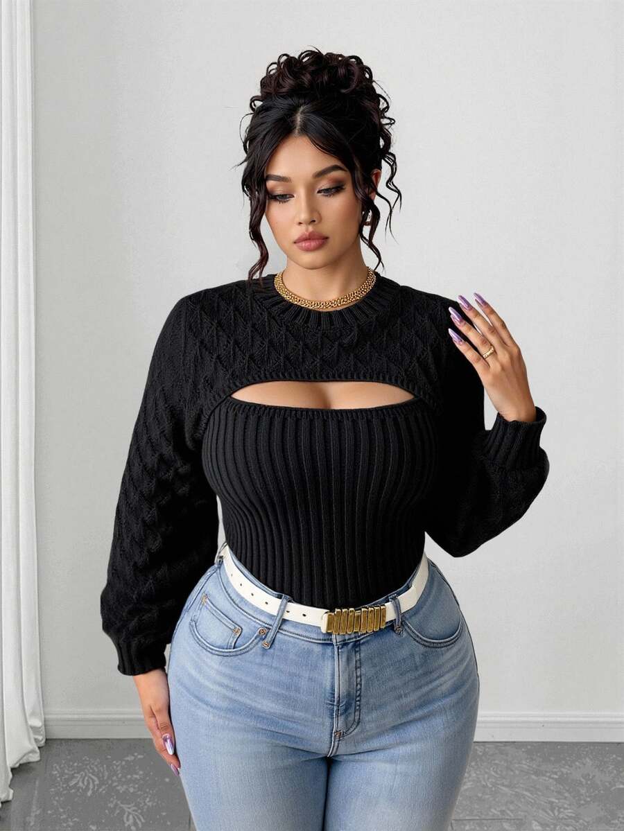Elenzga Plus Size Plain Round Neck Long Sleeve Hollow Casual Sweater Pullover, For Winter Knit Pullover Fall - Black - View 1