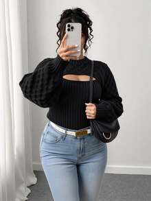 Elenzga Plus Size Plain Round Neck Long Sleeve Hollow Casual Sweater Pullover, For Winter Knit Pullover Fall - Black - View 4