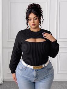 Elenzga Plus Size Plain Round Neck Long Sleeve Hollow Casual Sweater Pullover, For Winter Knit Pullover Fall - Black - View 7