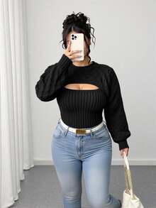Elenzga Plus Size Plain Round Neck Long Sleeve Hollow Casual Sweater Pullover, For Winter Knit Pullover Fall - Black - View 2