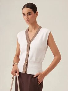 SHEIN Franclia Fall New Arrival White Brown Knit Vest Tank Tops For Women Sleeveless Open Front Going Out Everyday Office Business Casual Preppy - Beige - View 7