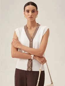 SHEIN Franclia Fall New Arrival White Brown Knit Vest Tank Tops For Women Sleeveless Open Front Going Out Everyday Office Business Casual Preppy - Beige - View 4