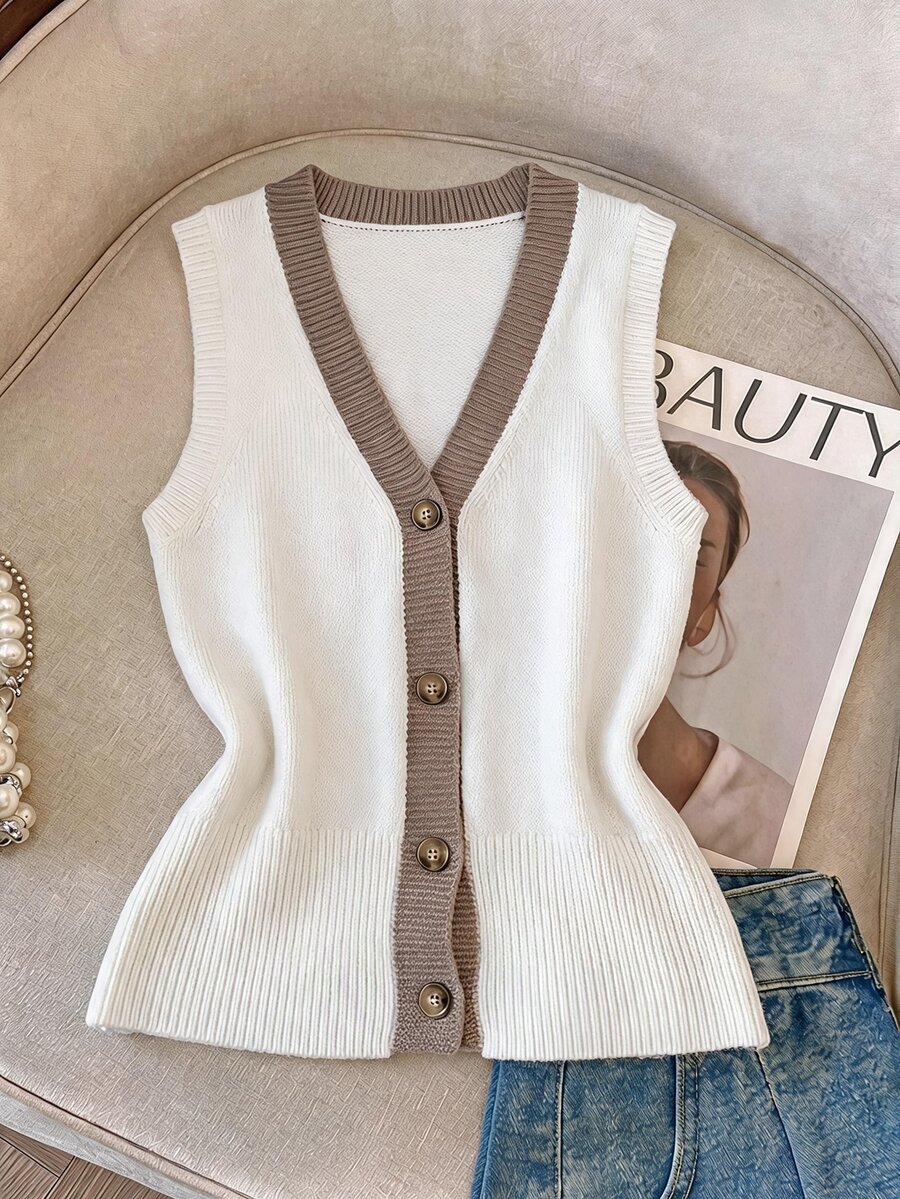 SHEIN Franclia Fall New Arrival White Brown Knit Vest Tank Tops For Women Sleeveless Open Front Going Out Everyday Office Business Casual Preppy - Beige - View 1