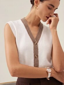 SHEIN Franclia Fall New Arrival White Brown Knit Vest Tank Tops For Women Sleeveless Open Front Going Out Everyday Office Business Casual Preppy - Beige - View 8