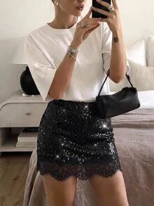SHEIN LUNE Women's Sequin & Lace Patchwork Fashion Versatile Daily Casual Skirt - Black - View 7