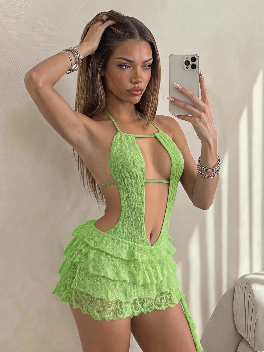 SHEIN ICON Textured Fabric Hollow V-Neck Tiered Ruffle Neck-Tie Dress - Green - View 1