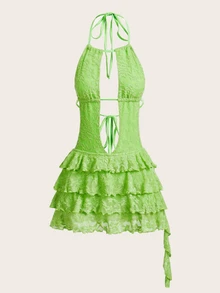 SHEIN ICON Textured Fabric Hollow V-Neck Tiered Ruffle Neck-Tie Dress - Green - View 3