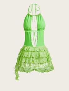 SHEIN ICON Textured Fabric Hollow V-Neck Tiered Ruffle Neck-Tie Dress - Green - View 2