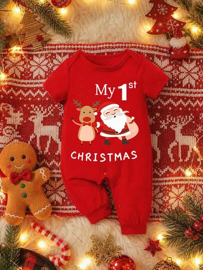My 1st Christmas, Super Cute Christmas Red Reindeer & Santa Claus Pattern, Baby Girl Casual Minimalist Round Neck Short Sleeve Romper Suitable For All Seasons, Christmas Party Gift