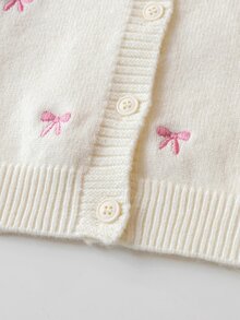 4-7歲女童蝴蝶結刺繡V領針織開襟衫與百褶裙2件套，兒童秋冬針織毛衣套裝，甜美女孩外出穿搭 - 粉色 - 查看 5