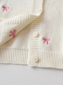 4-7歲女童蝴蝶結刺繡V領針織開襟衫與百褶裙2件套，兒童秋冬針織毛衣套裝，甜美女孩外出穿搭 - 粉色 - 查看 6