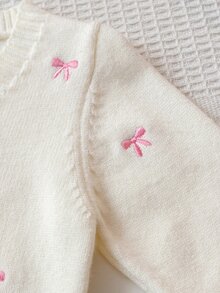 4-7歲女童蝴蝶結刺繡V領針織開襟衫與百褶裙2件套，兒童秋冬針織毛衣套裝，甜美女孩外出穿搭 - 粉色 - 查看 4