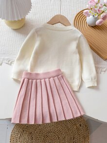 4-7歲女童蝴蝶結刺繡V領針織開襟衫與百褶裙2件套，兒童秋冬針織毛衣套裝，甜美女孩外出穿搭 - 粉色 - 查看 2