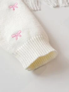 4-7歲女童蝴蝶結刺繡V領針織開襟衫與百褶裙2件套，兒童秋冬針織毛衣套裝，甜美女孩外出穿搭 - 粉色 - 查看 7