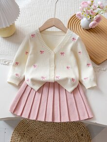 4-7歲女童蝴蝶結刺繡V領針織開襟衫與百褶裙2件套，兒童秋冬針織毛衣套裝，甜美女孩外出穿搭 - 粉色 - 查看 3
