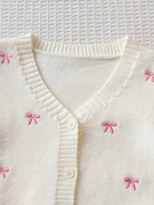 4-7歲女童蝴蝶結刺繡V領針織開襟衫與百褶裙2件套，兒童秋冬針織毛衣套裝，甜美女孩外出穿搭 - 粉色 - 查看 9