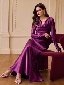 ZEYLAH Women's Solid Color Cowl Neck Casual Party Dress - Red Violet - View 1
