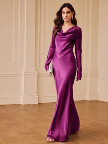 ZEYLAH Women's Solid Color Cowl Neck Casual Party Dress - Red Violet - View 3