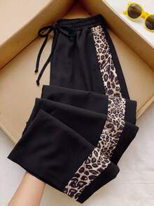 SHEIN Tween Girls Autumn Clothes Y2K Streetwear Style Casual Baggy Sweatpants Black Long Track Pants Side Contrasting Leopard Cheetah Print School Dance - Black - View 2