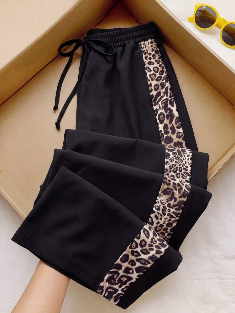SHEIN Tween Girls Autumn Clothes Y2K Streetwear Style Casual Baggy Sweatpants Black Long Track Pants Side Contrasting Leopard Cheetah Print School Dance - Black - View 3