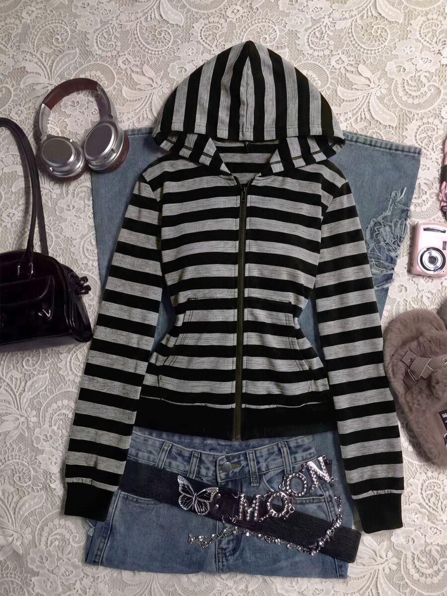 SHEIN 秋冬女款英文印花連帽拉鍊外套，黑色字母印花街頭風休閒寬鬆 Y2K 防寒針織面料校園藍