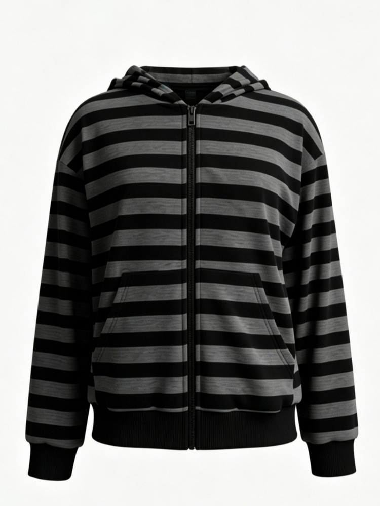 SHEIN Autumn/Winter Girls' English Print Hooded Zip-Up Jacket - Black Letter Print Street Style Casual Baggy Y2k Cold-Resistant Knit Fabric School Blue - Black - View 5