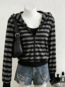 SHEIN 秋冬女款英文印花連帽拉鍊外套，黑色字母印花街頭風休閒寬鬆 Y2K 防寒針織面料校園藍 - 黑色 - 查看 5