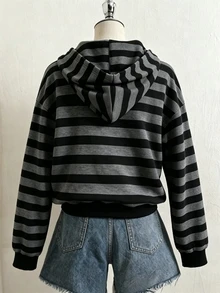 SHEIN 秋冬女款英文印花連帽拉鍊外套，黑色字母印花街頭風休閒寬鬆 Y2K 防寒針織面料校園藍 - 黑色 - 查看 3