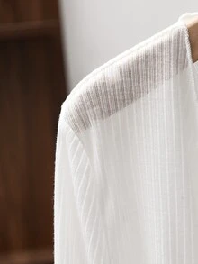 SHEIN 青少年女孩秋季休閒基礎層搭日常季節性涼爽外套開襟針織開襟衫 白色羅紋針織前開長袖上衣夾克 - 白色 - 查看 5