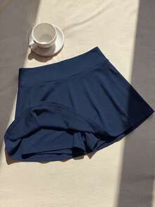 Rok celana pendek (skort) warna polos serbaguna untuk remaja putri, cocok untuk musim gugur, cocok untuk tenis, lari, olahraga, kasual, dan gaya preppy, serta untuk liburan, prom, dan acara formal berwarna biru. - Biru - View 2