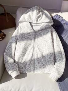 SHEIN Tween Girls Fleece Fall Clothes White Long Sleeve Jacket Zip Up Coat, Autumn/Winter Solid Color Sweatshirt School Student Streetwear Graphic Cute - Grey - View 2