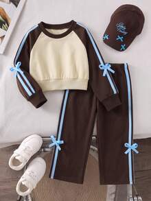 Elladie kids Girls Spring/Autumn Long Sleeve Long Pants Sports Bow Ribbon Knit Sweatshirt 2 Pieces Set Back To School Outfit Sets Winter Sweatshirt Halloween Brown - Multicolor - View 2