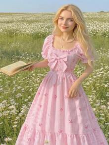 SHEIN 少女Y2K时尚条纹蝴蝶结吊带连衣裙 - 彩色 - 查看 8