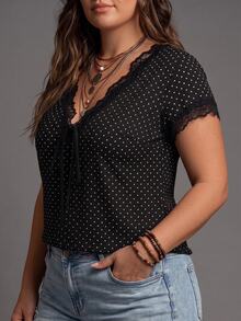 Glimmora Plus Size Women's Lace Patchwork Polka Dot Casual Daily T-Shirt - Multicolor - View 4