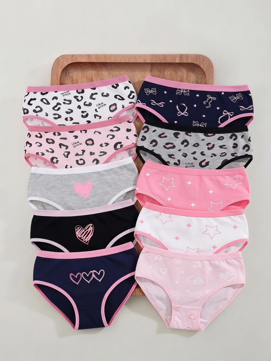 [6 Random Piece ]Tween Girls Cotton Panties, Soft All-Season Basic Briefs With Leopard Bow Print And Contrast Waistband Autumn Fall - Multicolor - View 1