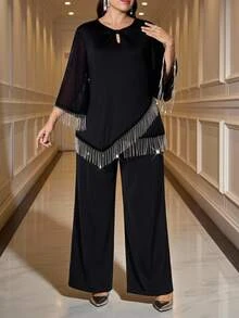 Reflora Plus Size Women Tassel Design Top And Long Pants Casual Daily 2 Pieces Set - Black - View 7