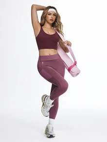 Eassivo Eassivo Women's Contrast Color Splice Mesh Elastic Sports Leggings - Flame scarlet - View 3