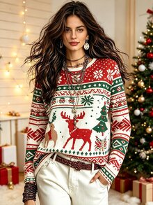 SHEIN Holidaya Women's Round Neck Christmas Theme Print Fashion Long Sleeve T-Shirt - Multicolor - View 1