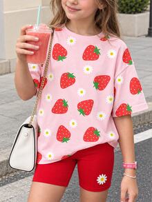 SHEIN Tween Girls 2pcs/Set Short Sleeve Round Neck Casual T-Shirt And Leggings Shorts Mini Set, Summer, Comfortable, Outfit, Daily - Multicolor - View 2