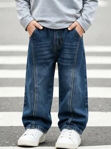 SHEIN 小男孩牛仔長褲 嬰兒藍水洗棉布 多功能 時尚寬鬆款 適合春夏秋冬穿著 - 深色水洗藍 - 查看 7