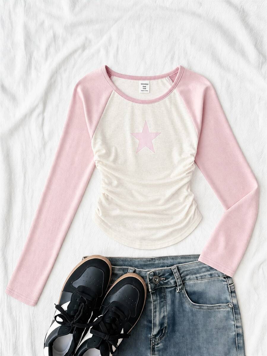 Tween Girl Black Raglan Sleeve Contrast Star Pattern Long Sleeve Crew Neck T-Shirt, Back To School Outfit T-Shirt, Street Style Versatile T-Shirt, Slim Fit Ruched Curved Hem Cropped T-Shirt - Pink - View 1