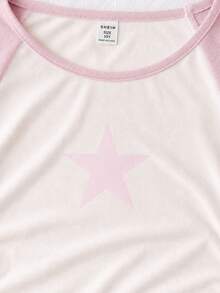 Tween Girl Black Raglan Sleeve Contrast Star Pattern Long Sleeve Crew Neck T-Shirt, Back To School Outfit T-Shirt, Street Style Versatile T-Shirt, Slim Fit Ruched Curved Hem Cropped T-Shirt - Pink - View 6